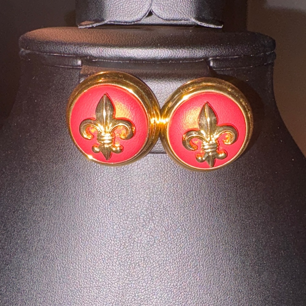 Joan Rivers Gold and Coral/Red Fleur-de-Lis Leather inset Clip On Earrings